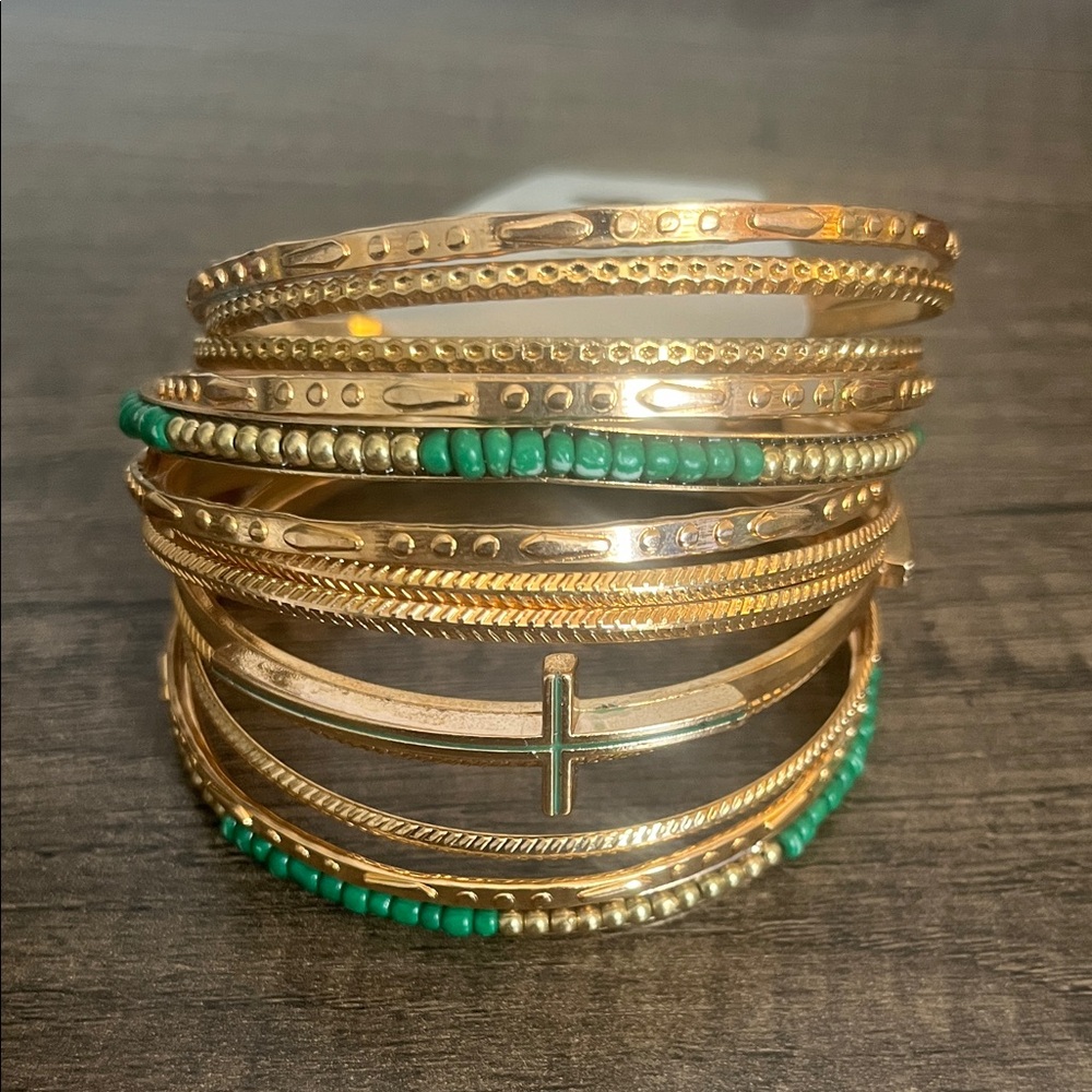 Tamina Gold and Green Bangle Bracelet Set